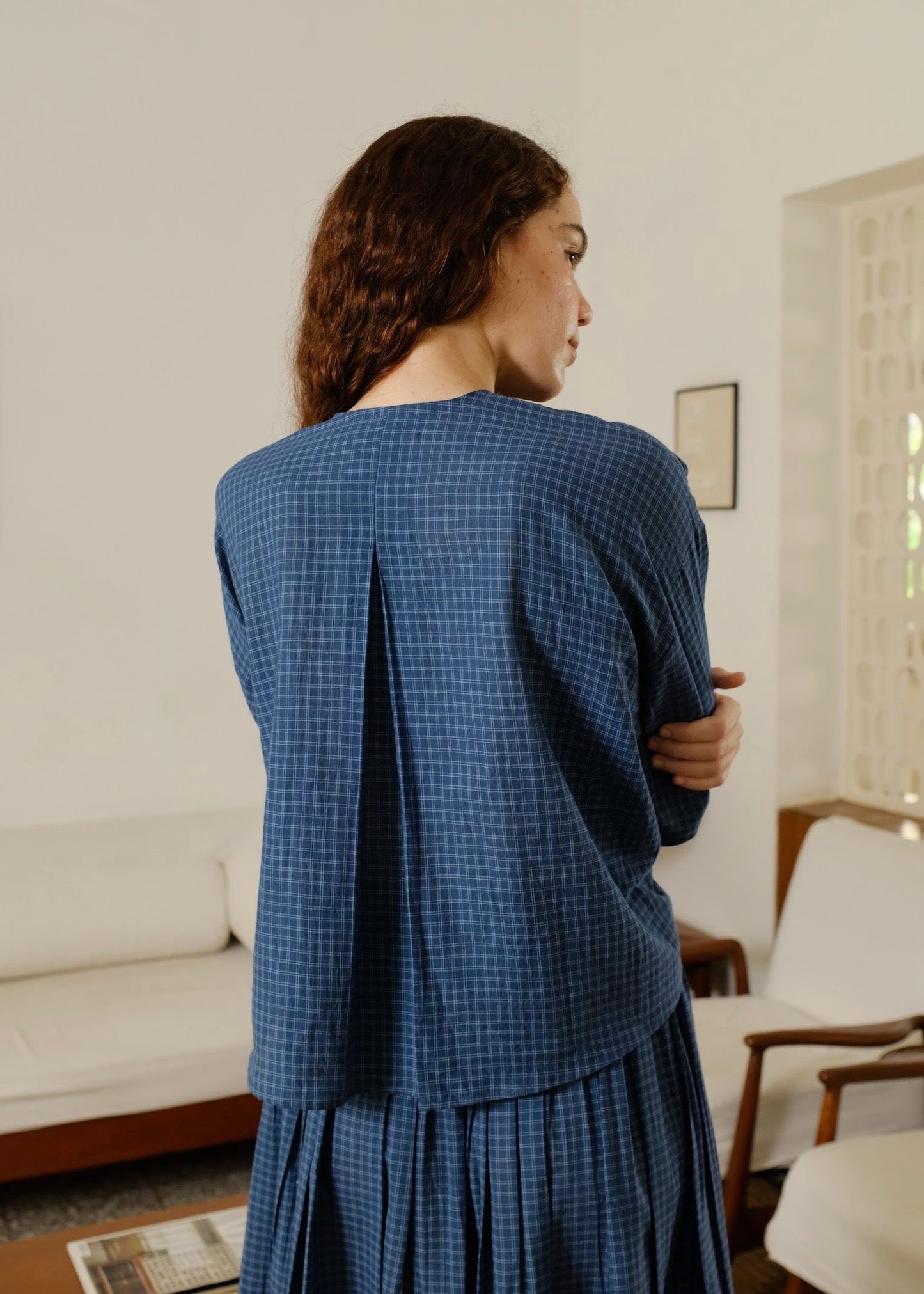 Thea | Washed Navy Checks Cotton Shirt — image 8
