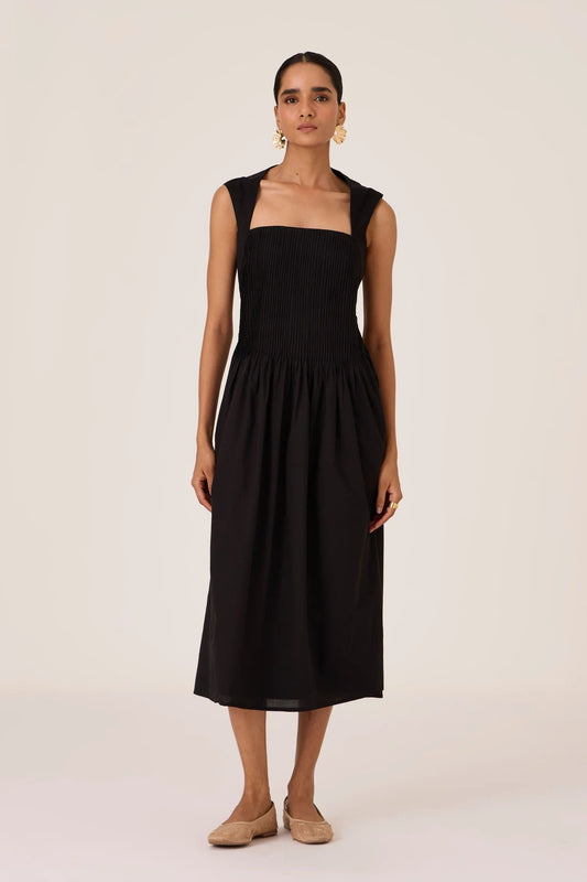 Ziva | Black Pleated Midi Dress