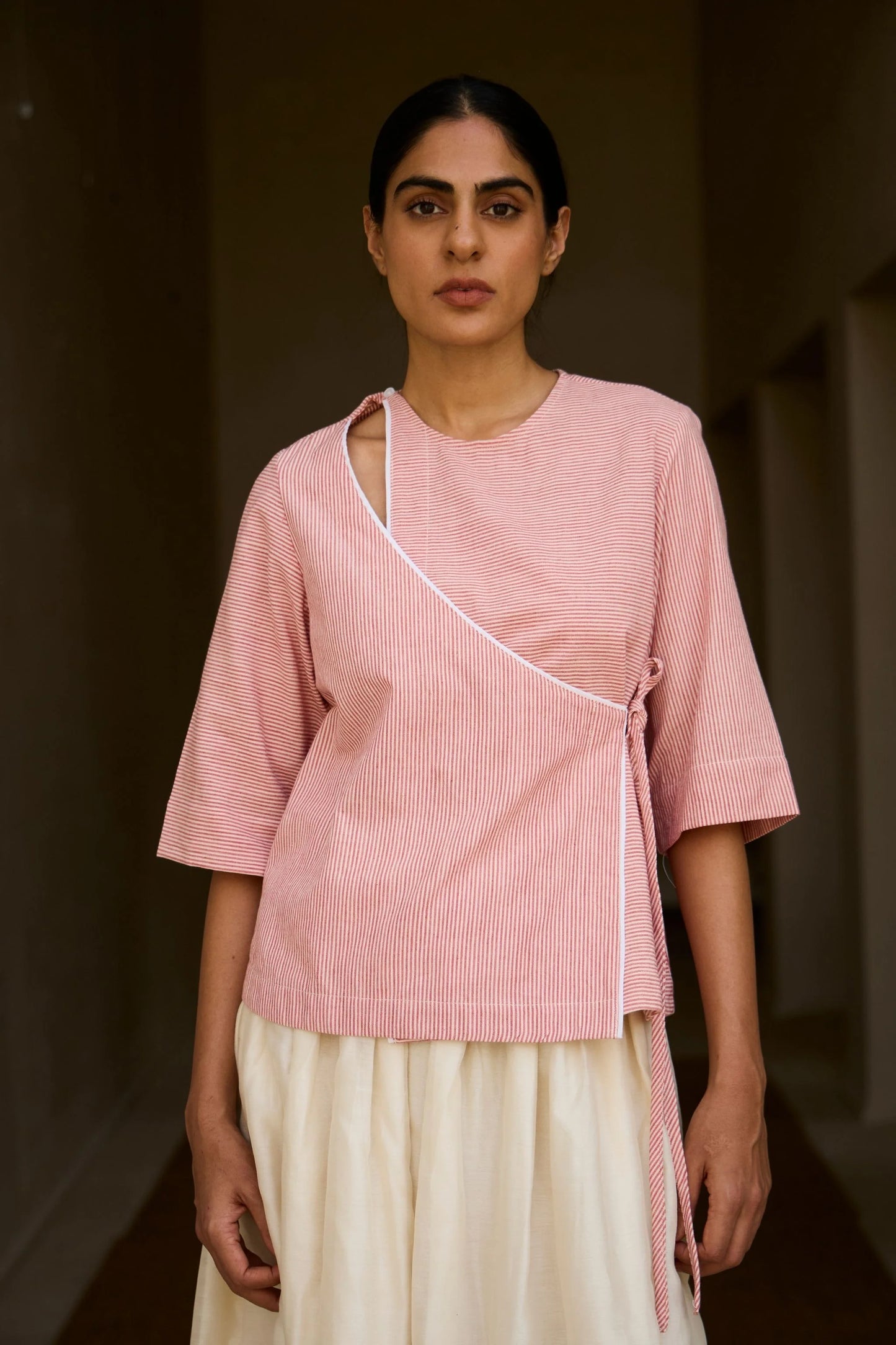 Cinta | Handwoven Red Striped Tie Top
