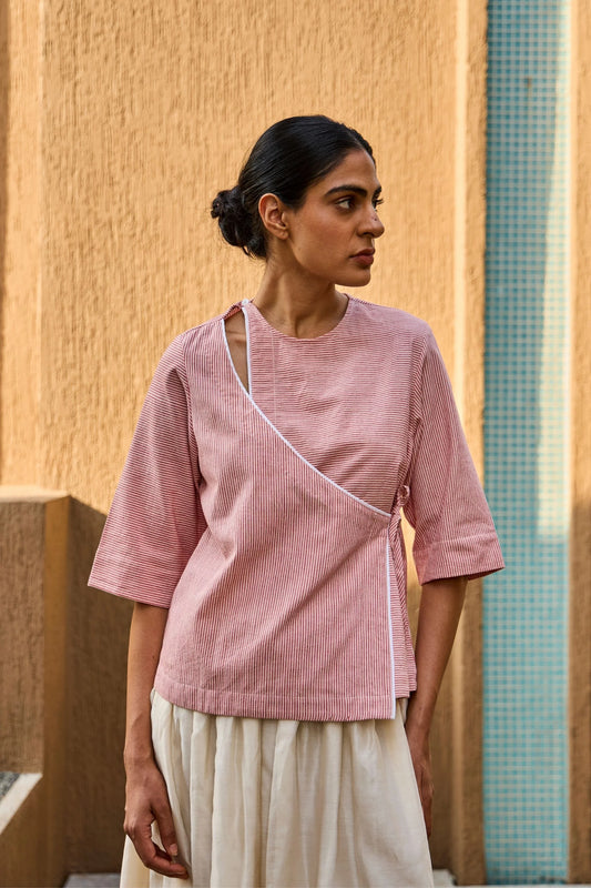 Cinta | Handwoven Red Striped Tie Top