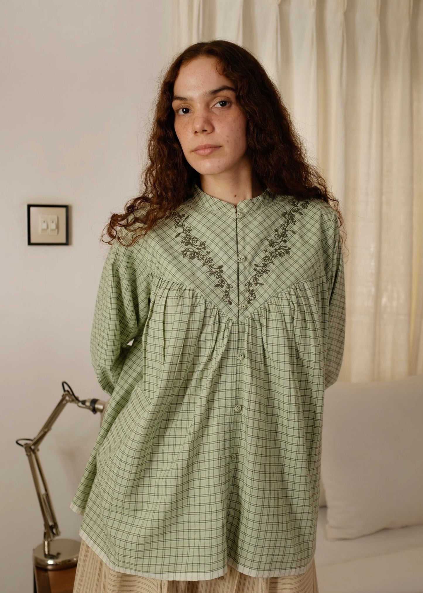 Liora | Straight Smoke Green Checks Cotton Top