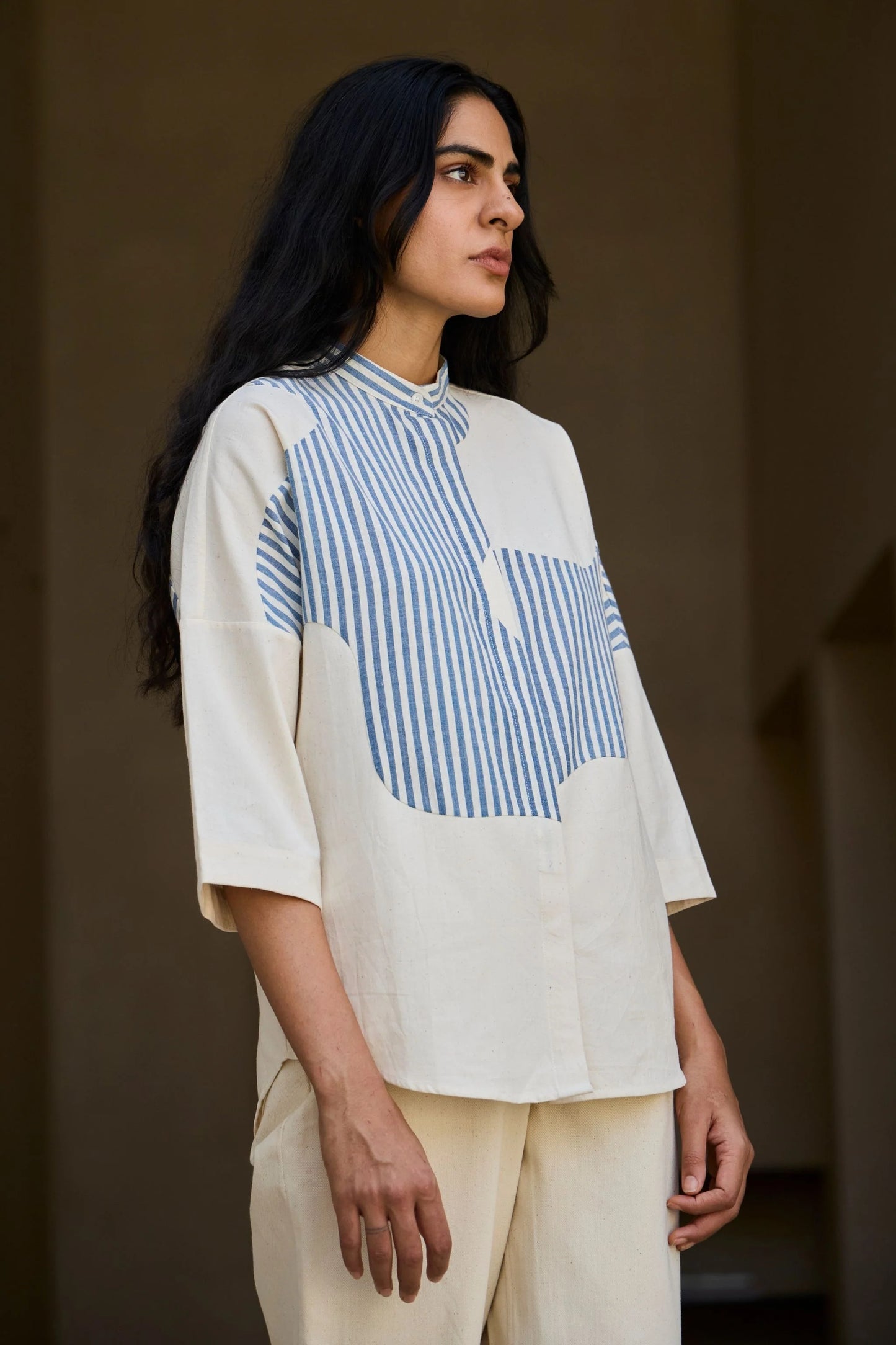 Blue | Striped Patchwork Shirt