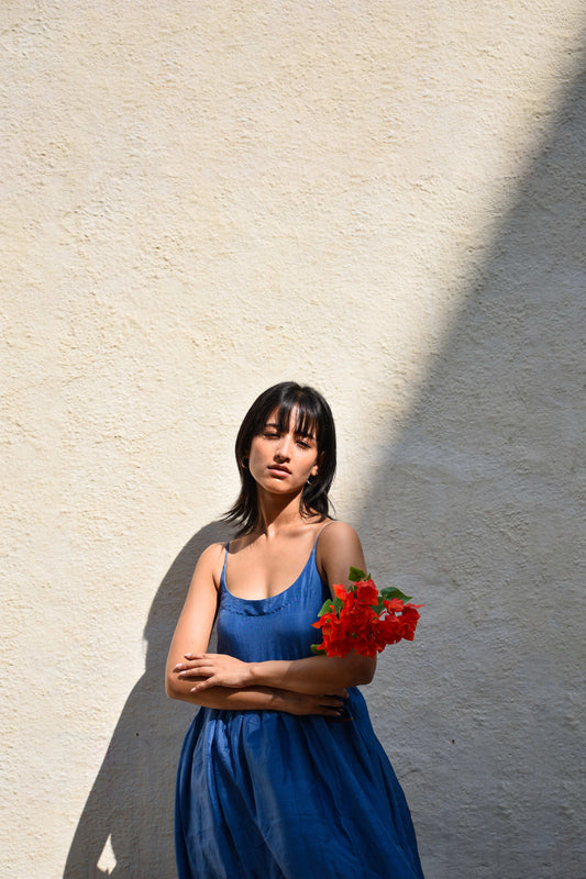 Medium Indigo | Gathered Silk Dress