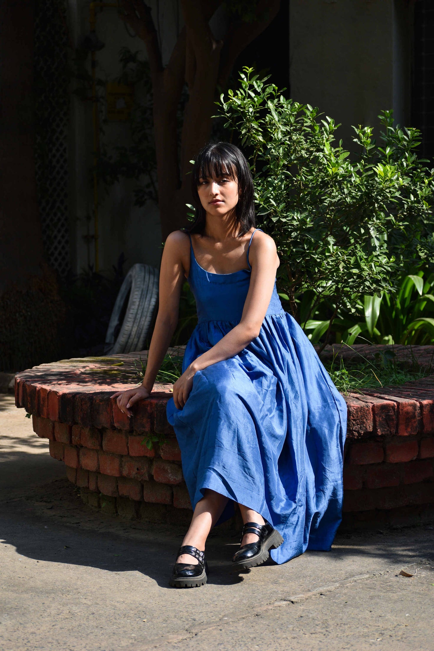 Medium Indigo | Gathered Silk Dress