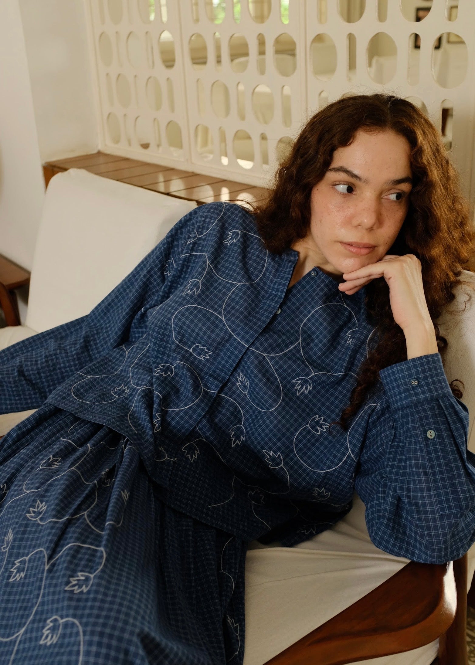 Thea | Washed Navy Checks Cotton Shirt — image 1