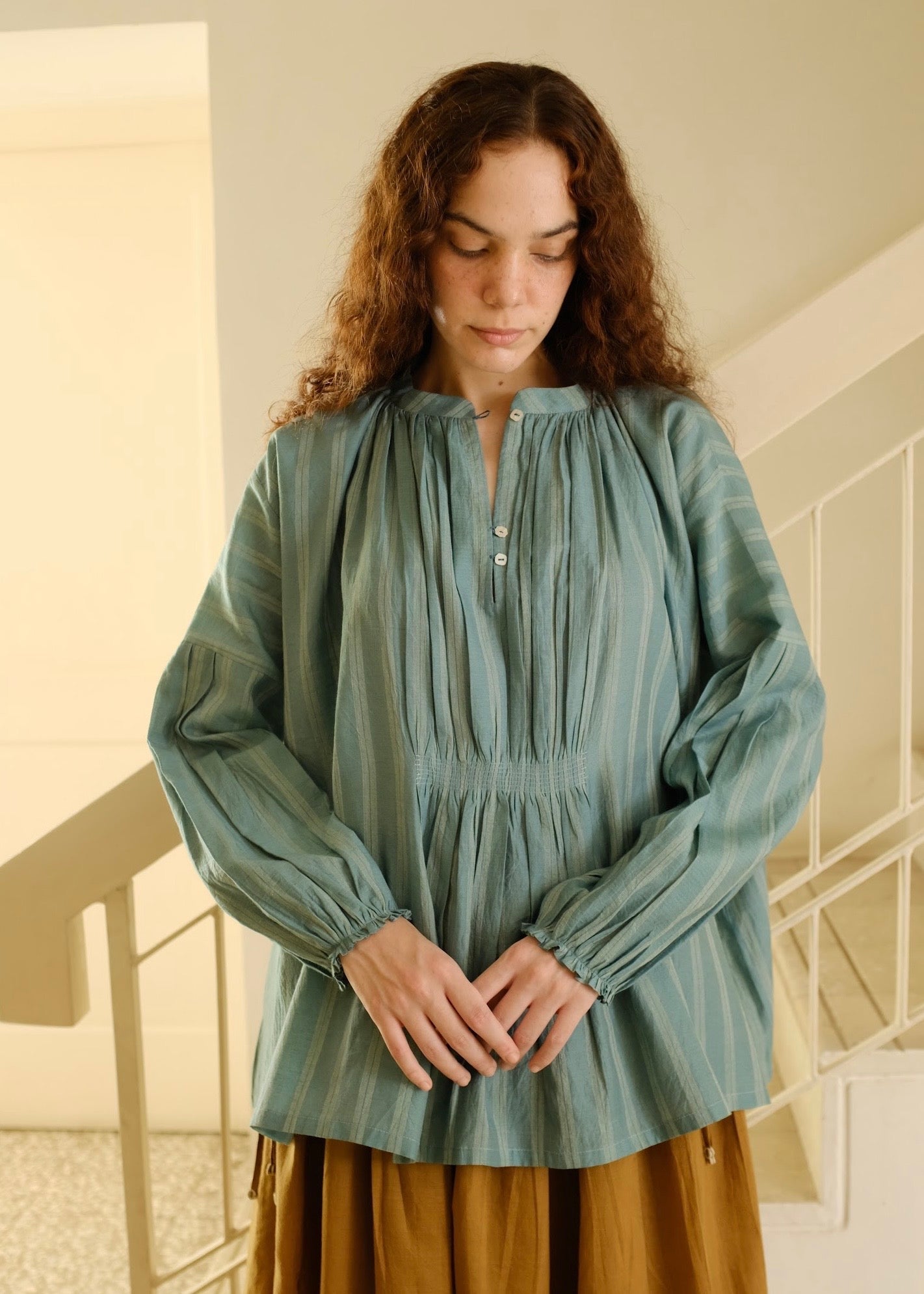 Maria | Pleated Sea Green Stripes Silk Top — image 1