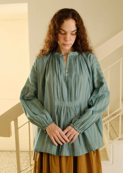 Maria | Pleated Sea Green Stripes Silk Top — image 1