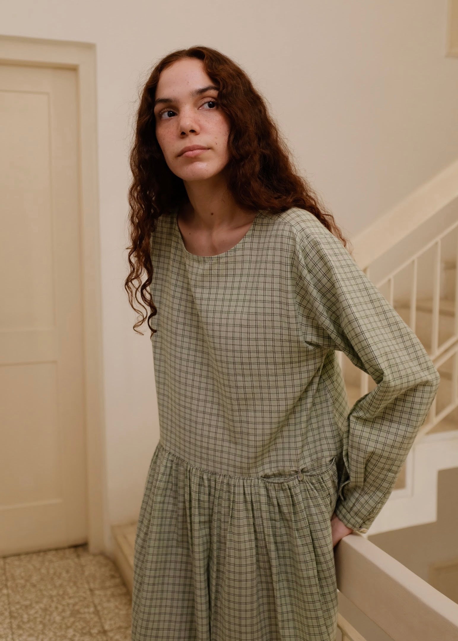 Blake | Oversized Drop-waist Smoke Green Checks Cotton Dress — image 1