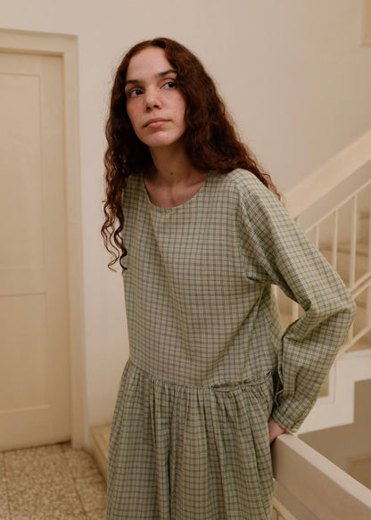 Blake | Oversized Drop-waist Smoke Green Checks Cotton Dress — image 1