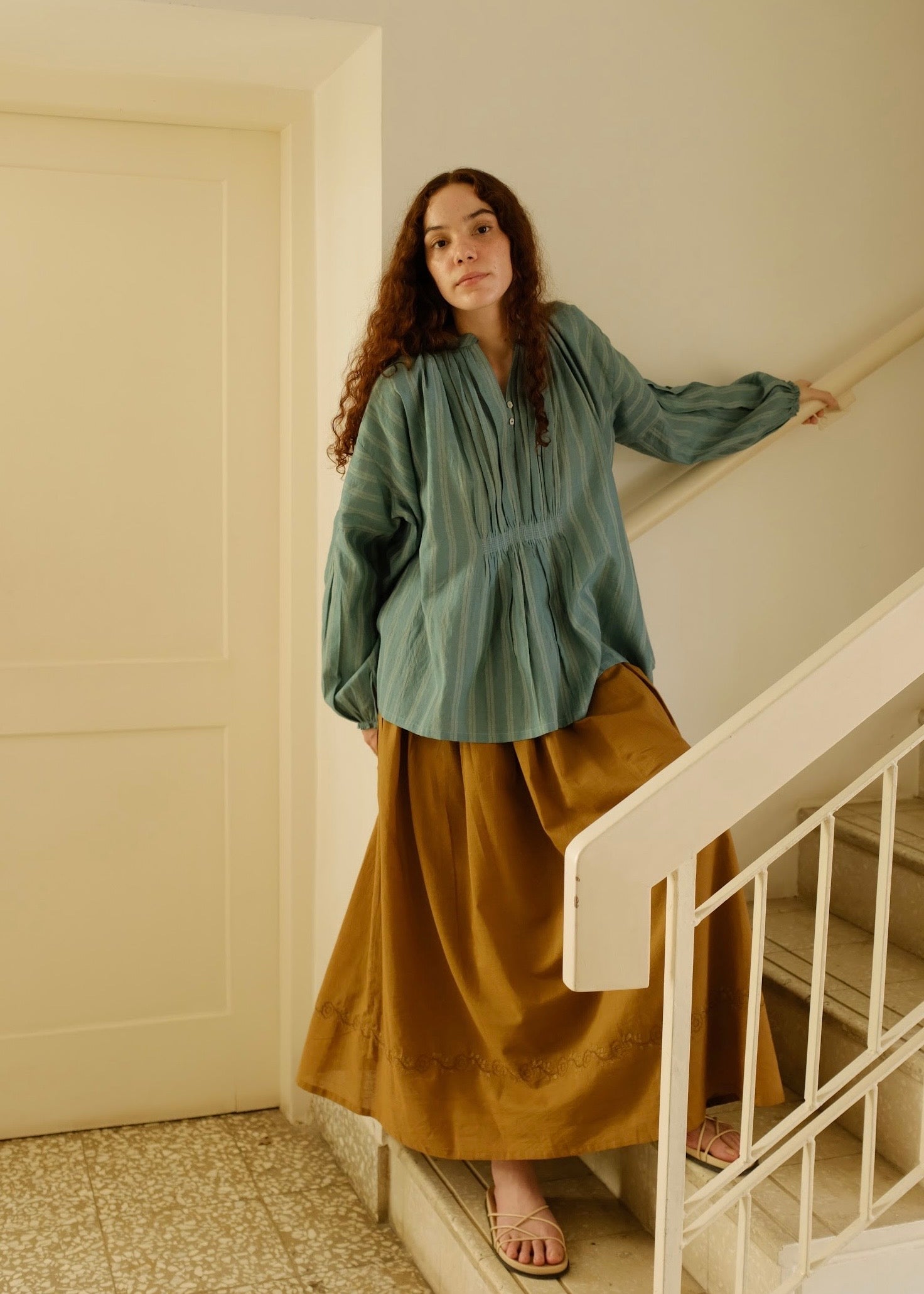 Maria | Pleated Sea Green Stripes Silk Top — image 2