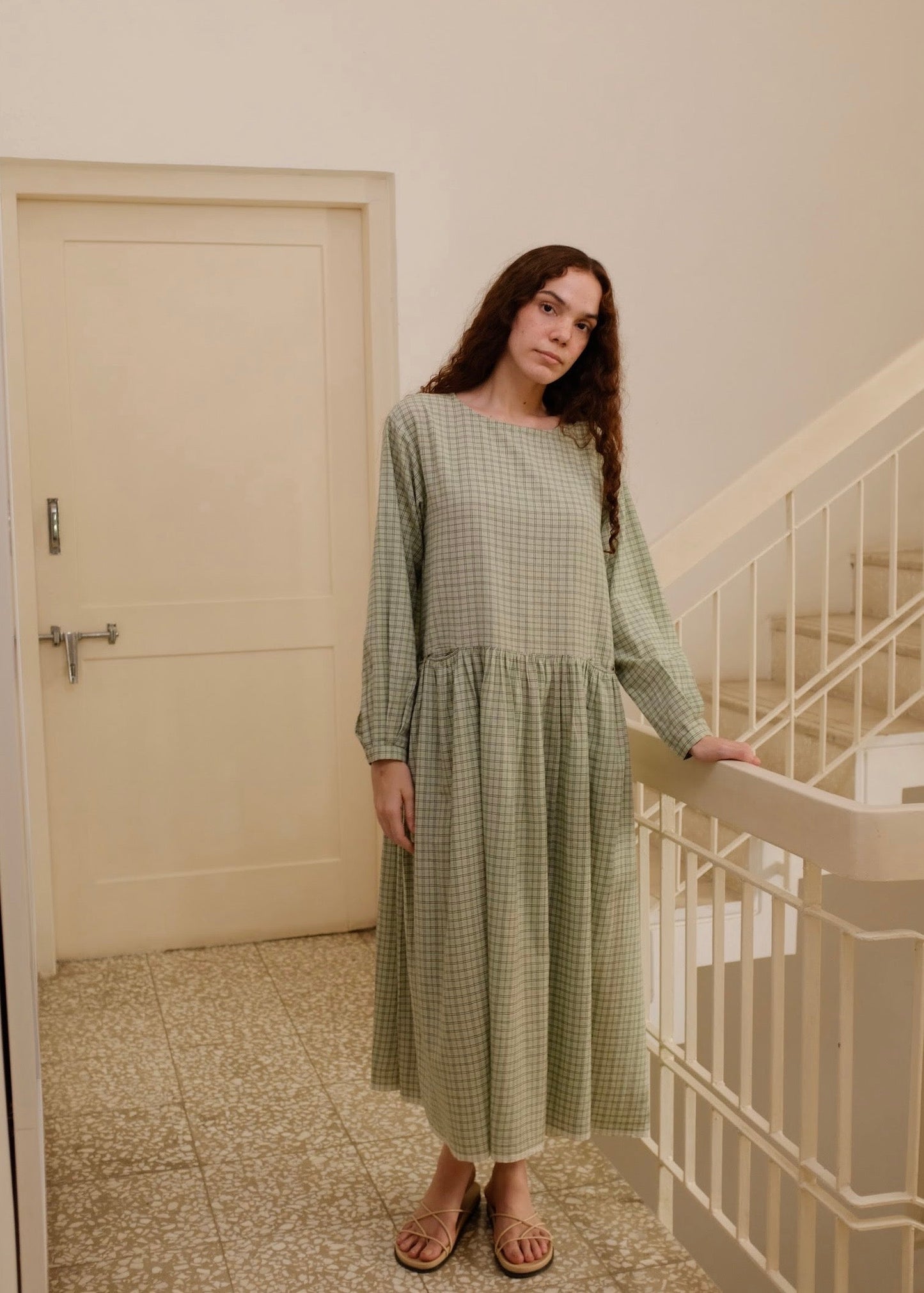 Blake | Oversized Drop-waist Smoke Green Checks Cotton Dress — image 2