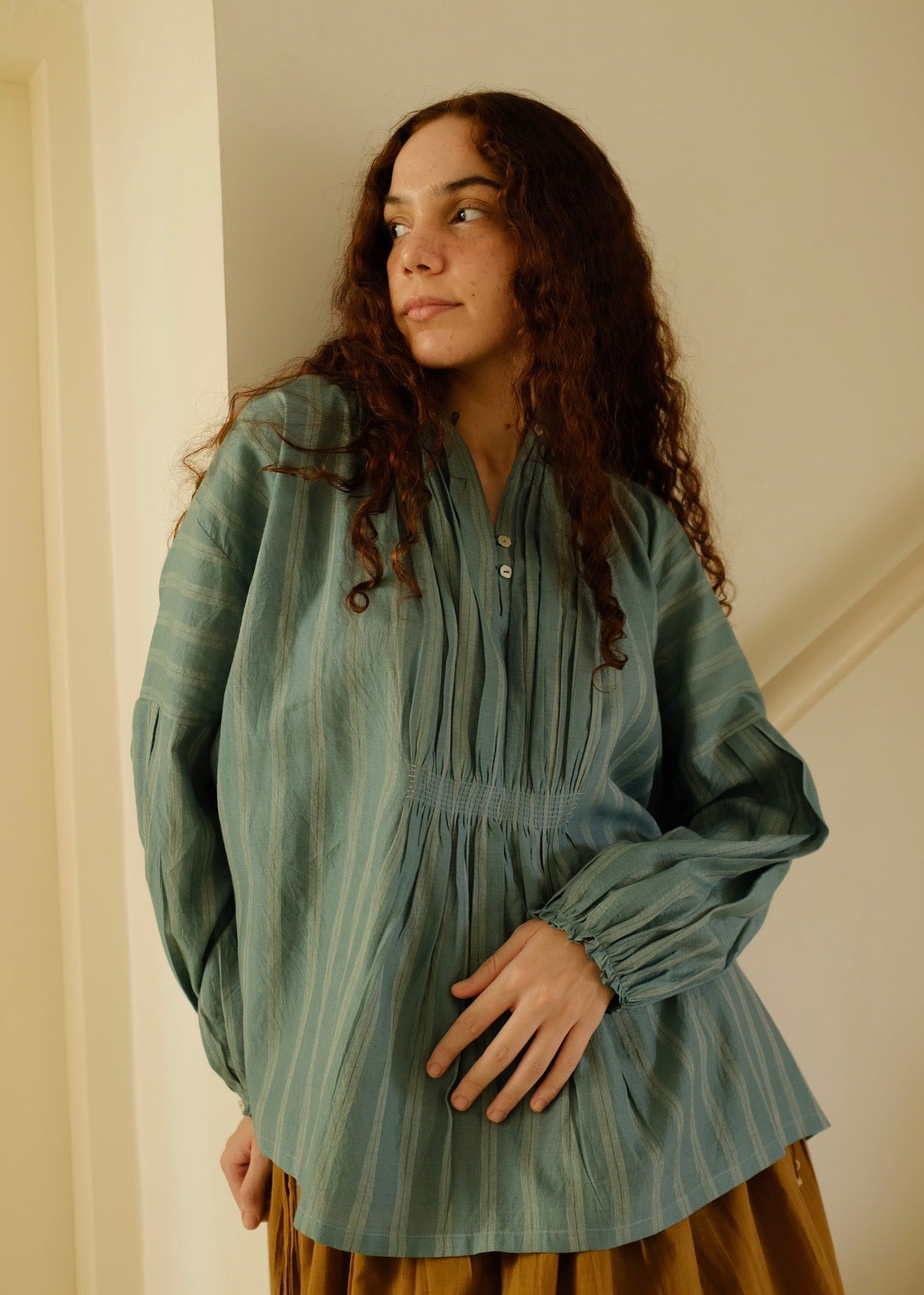 Maria | Pleated Sea Green Stripes Silk Top — image 3