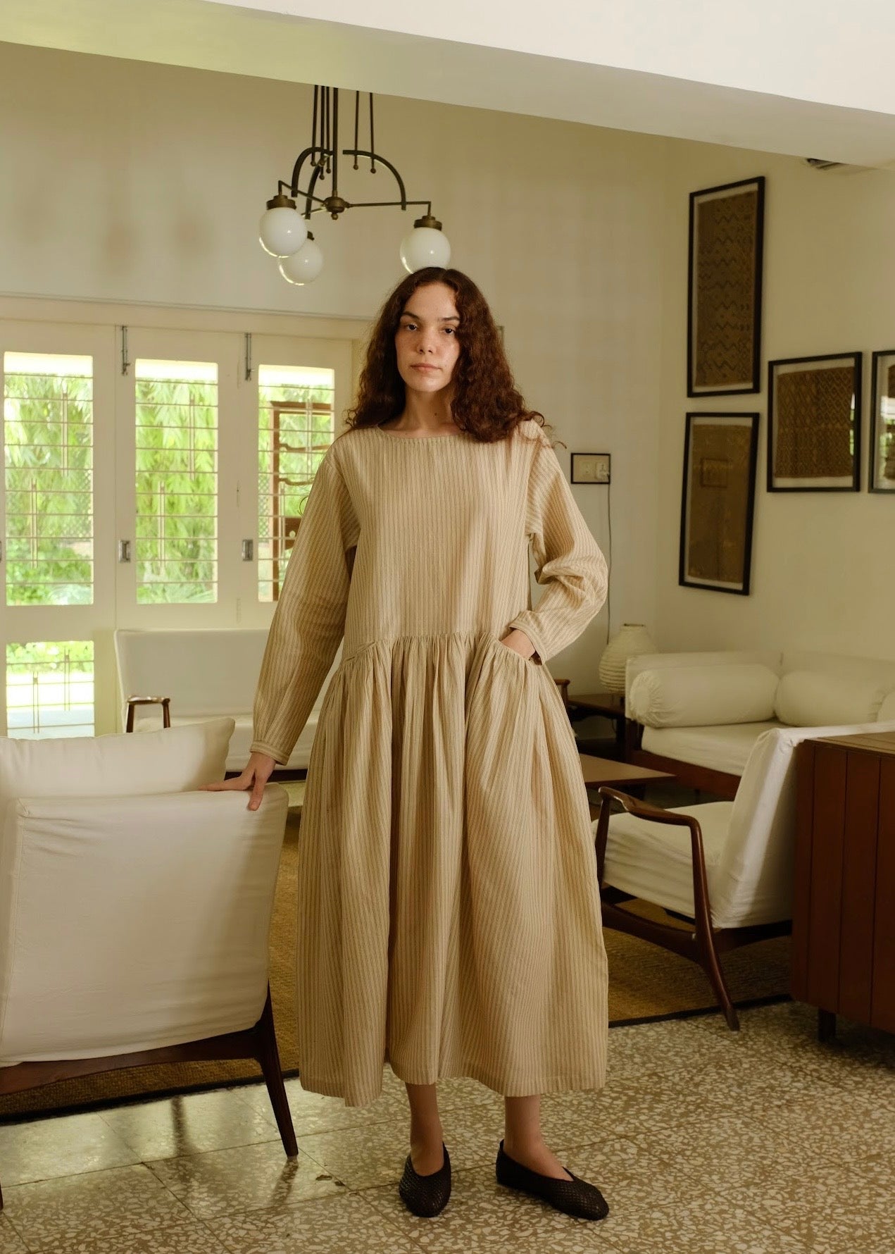 Blake | Oversized Drop-waist Sand Cotton Dress — image 3