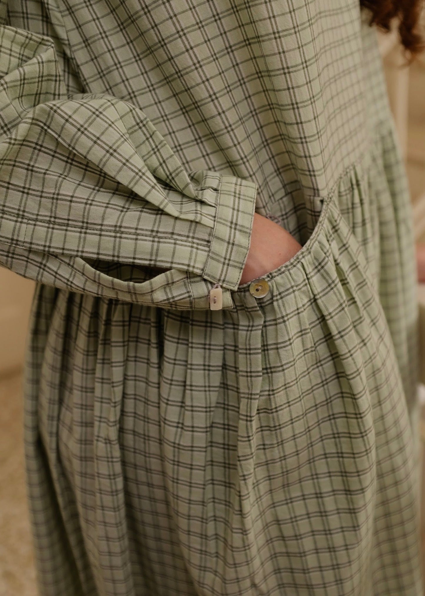 Blake | Oversized Drop-waist Smoke Green Checks Cotton Dress — image 3