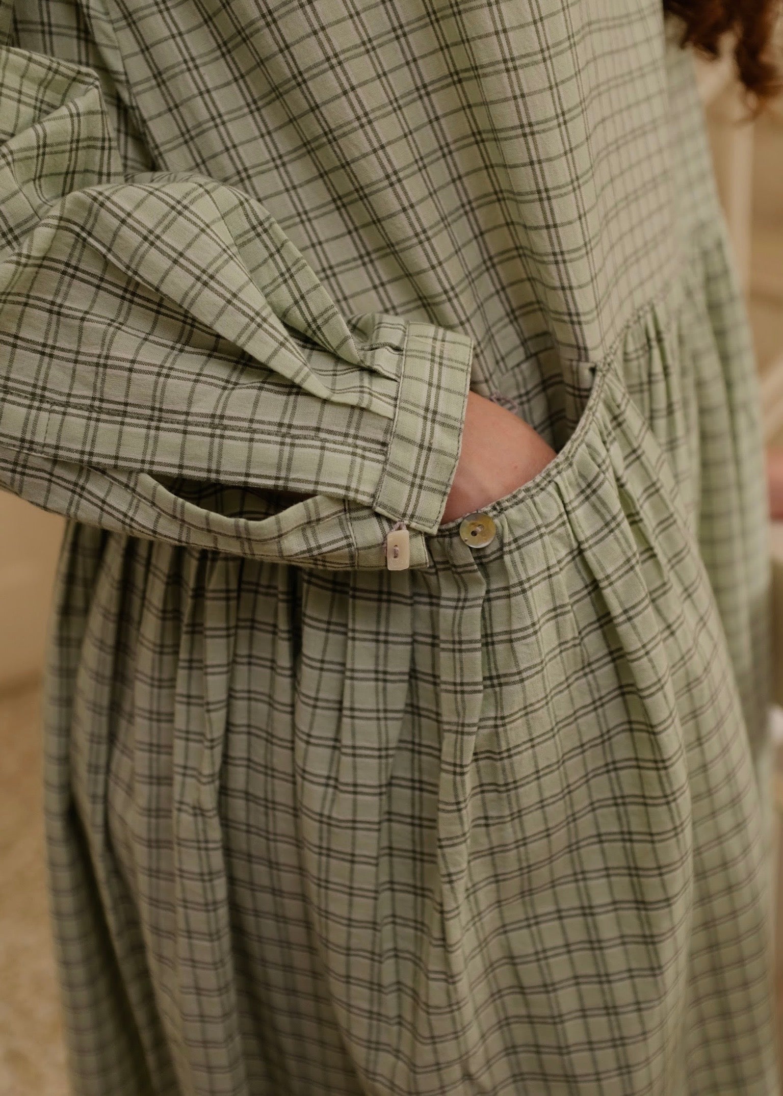 Blake | Oversized Drop-waist Smoke Green Checks Cotton Dress — image 3