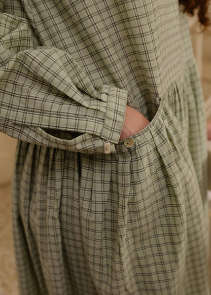 Blake | Oversized Drop-waist Smoke Green Checks Cotton Dress — image 3