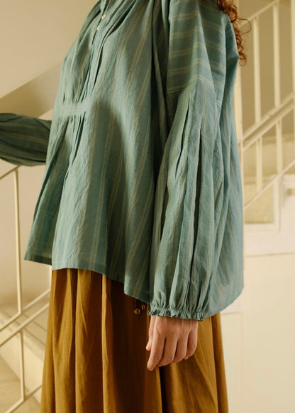 Maria | Pleated Sea Green Stripes Silk Top — image 4