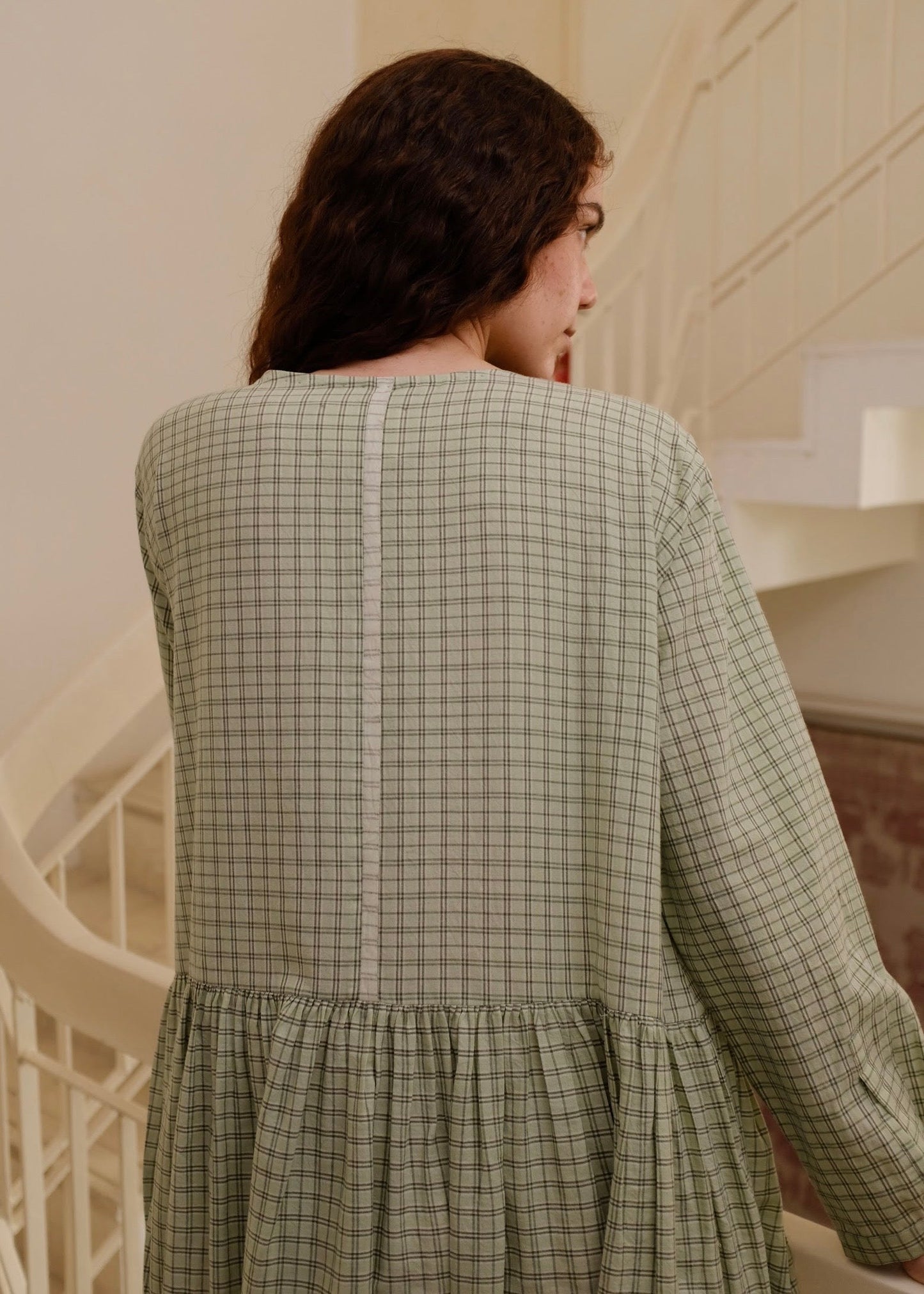 Blake | Oversized Drop-waist Smoke Green Checks Cotton Dress — image 4