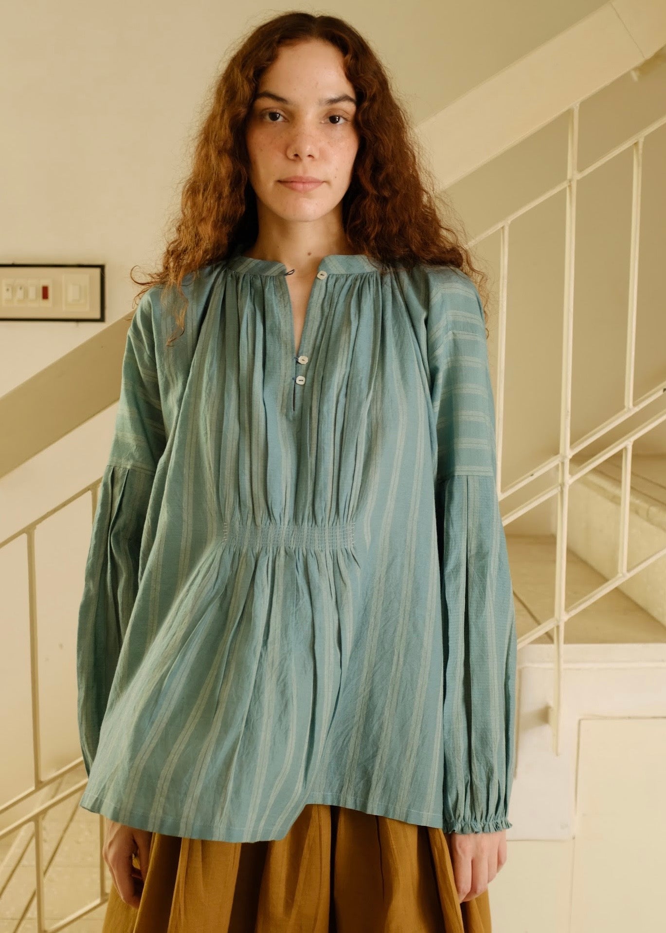 Maria | Pleated Sea Green Stripes Silk Top — image 5