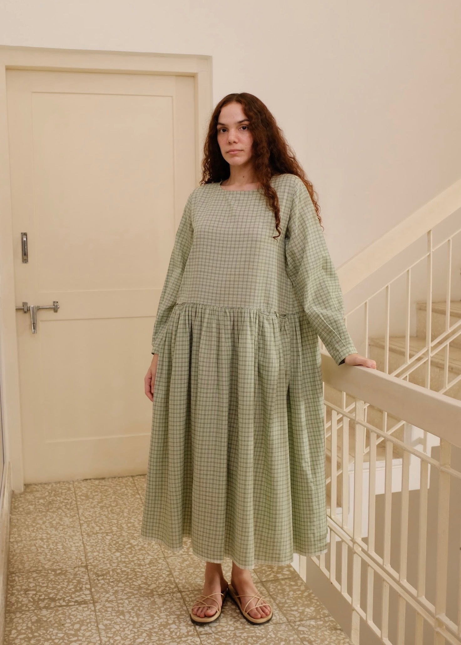 Blake | Oversized Drop-waist Smoke Green Checks Cotton Dress — image 5
