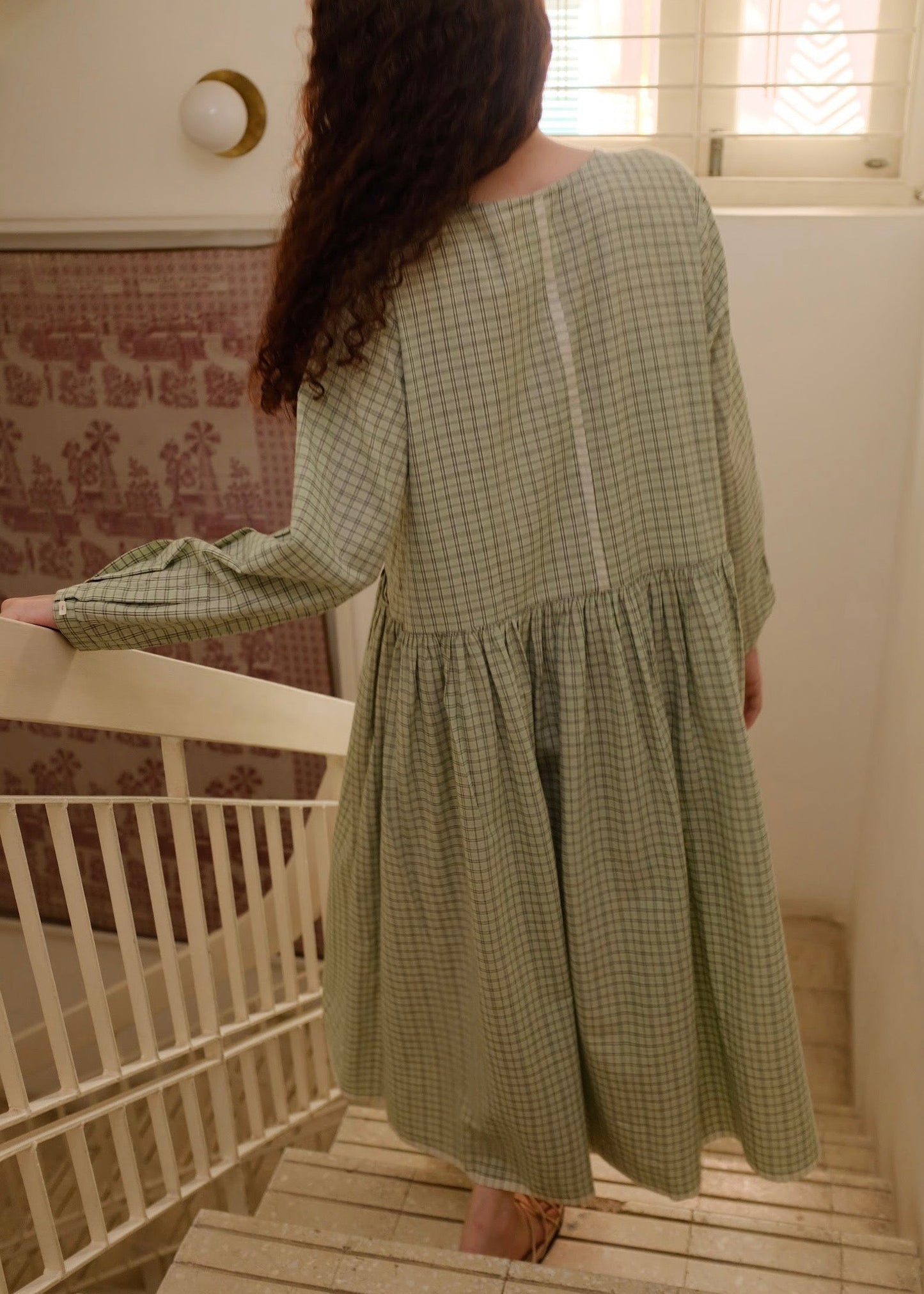 Blake | Oversized Drop-waist Smoke Green Checks Cotton Dress — image 6
