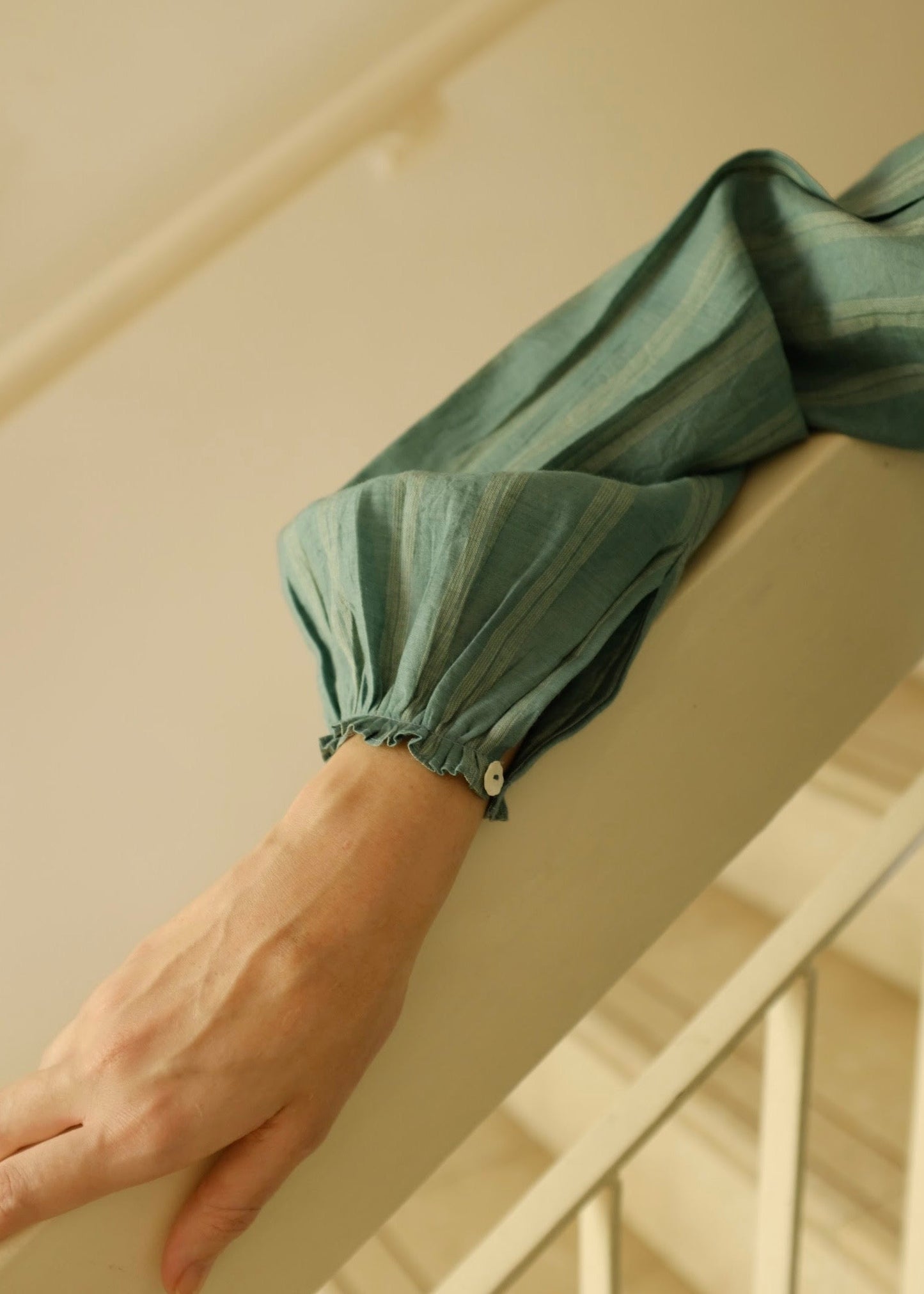 Maria | Pleated Sea Green Stripes Silk Top — image 7