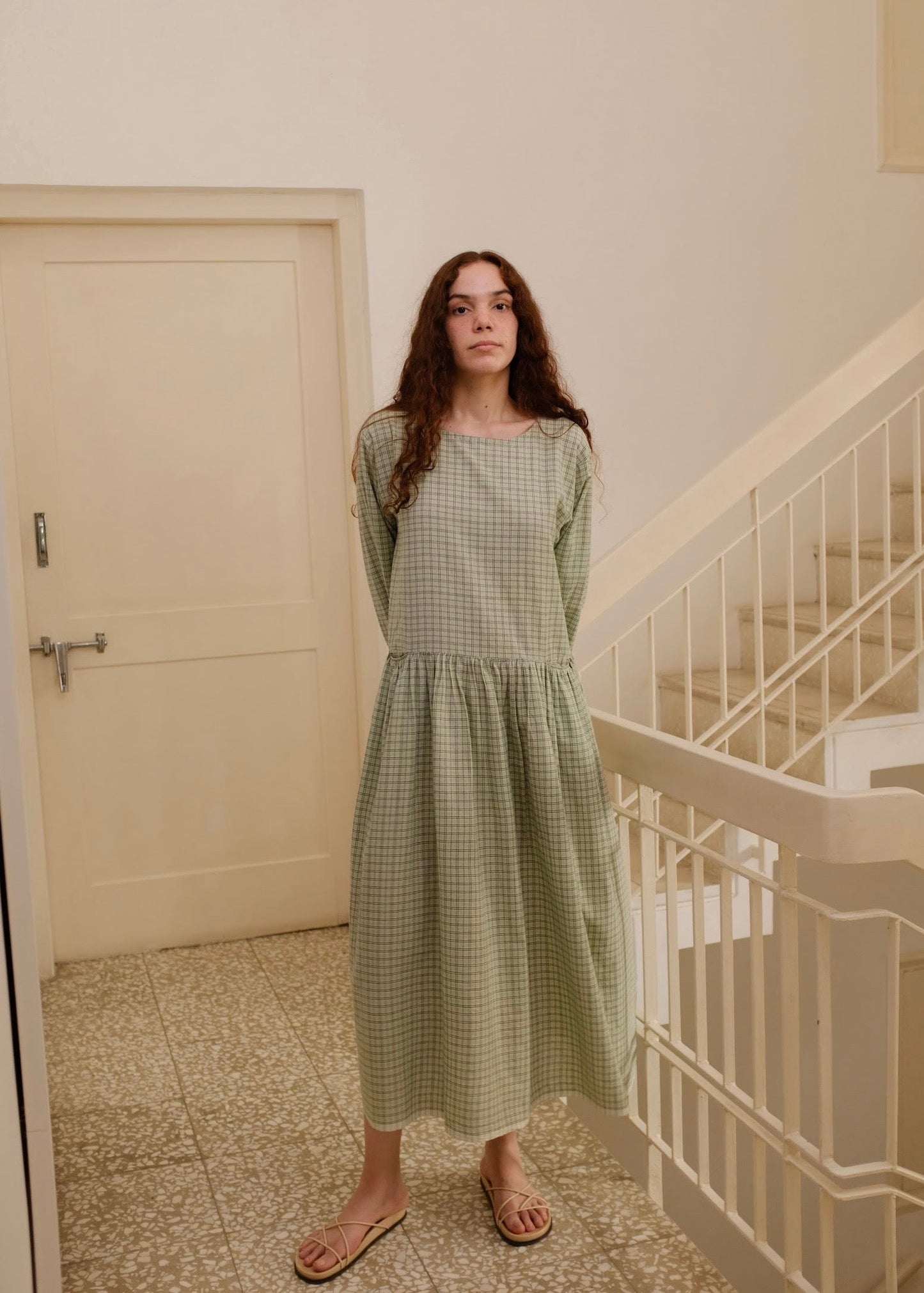 Blake | Oversized Drop-waist Smoke Green Checks Cotton Dress — image 7