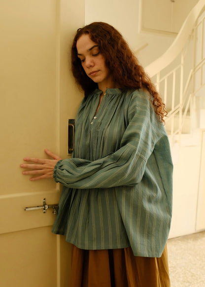 Maria | Pleated Sea Green Stripes Silk Top — image 8