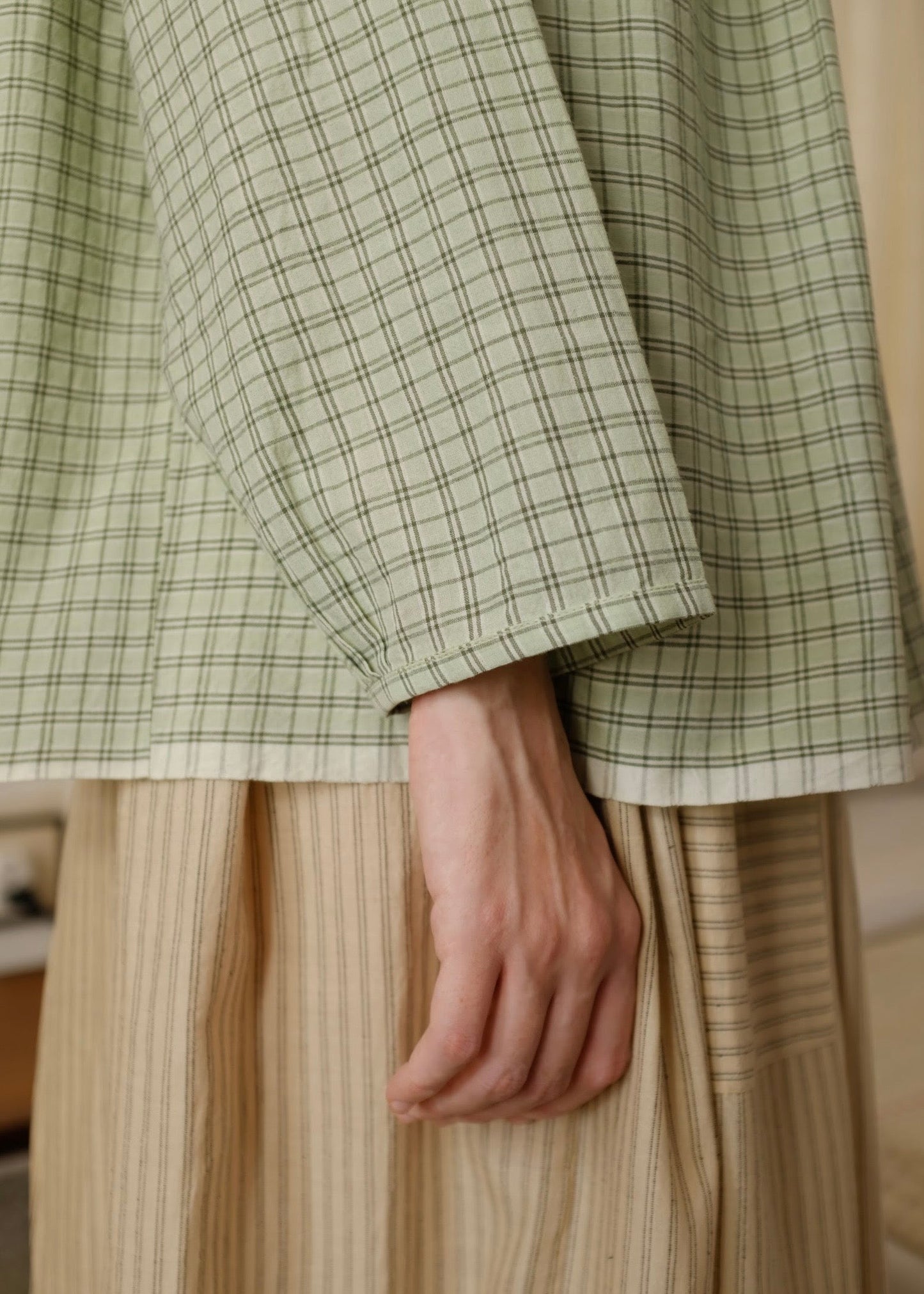 Liora | Straight Smoke Green Checks Cotton Top