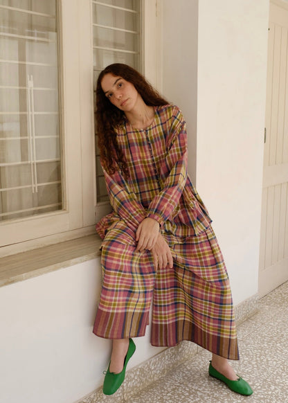 Araya | Pleated Red Checks Cotton Skirt