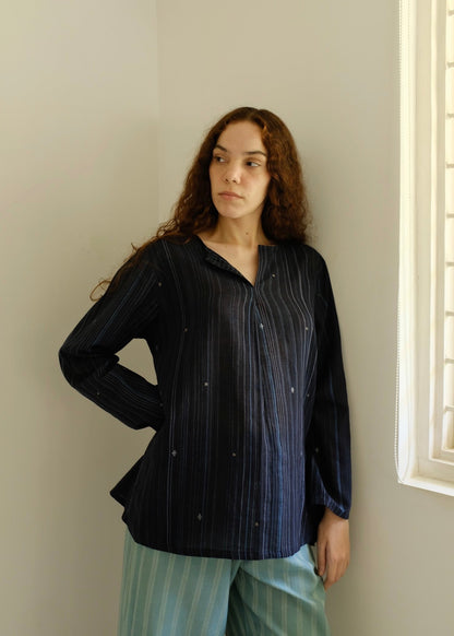 Maya | Relaxed Midnight Jamdani Cotton Top