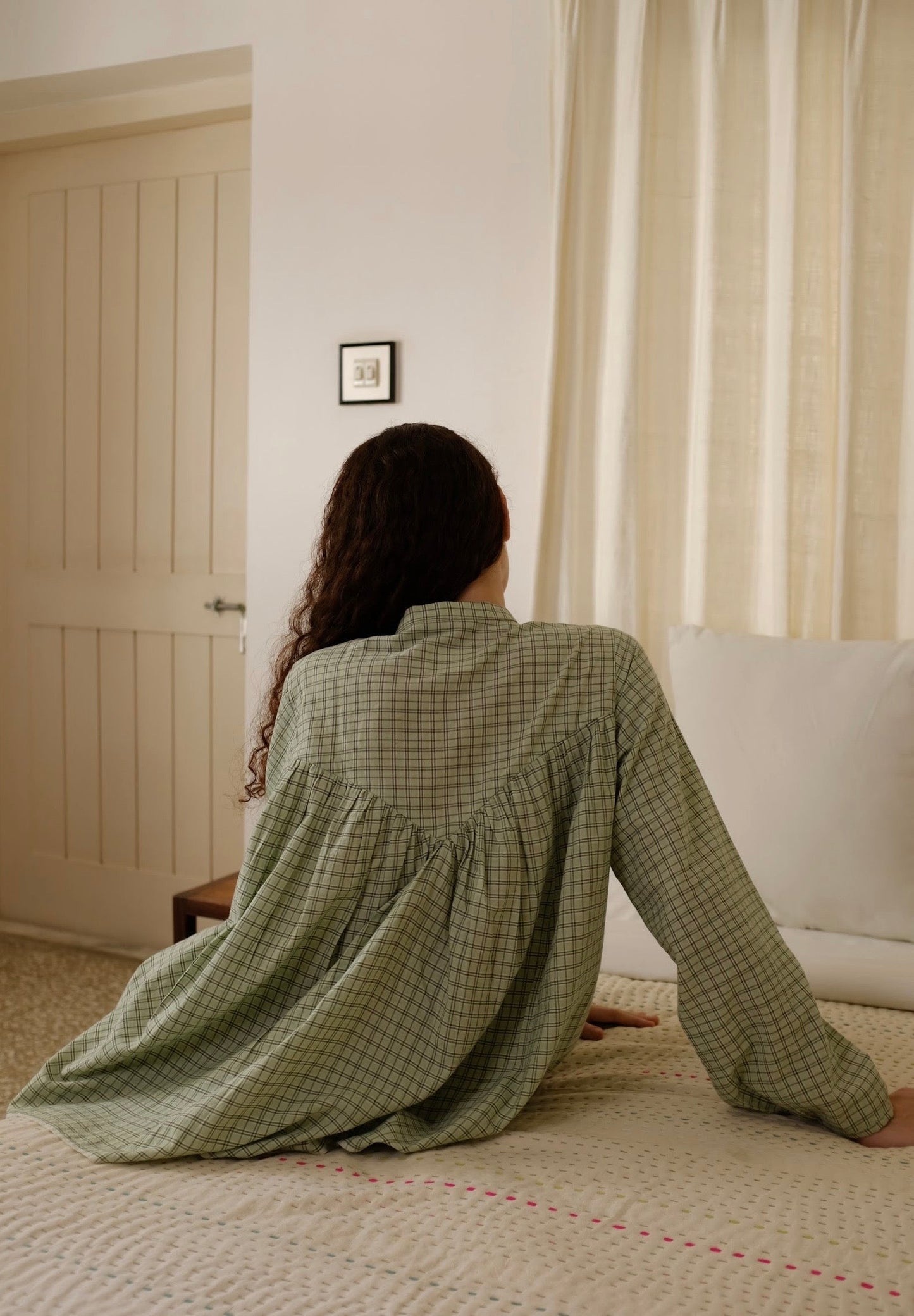 Liora | Straight Smoke Green Checks Cotton Top