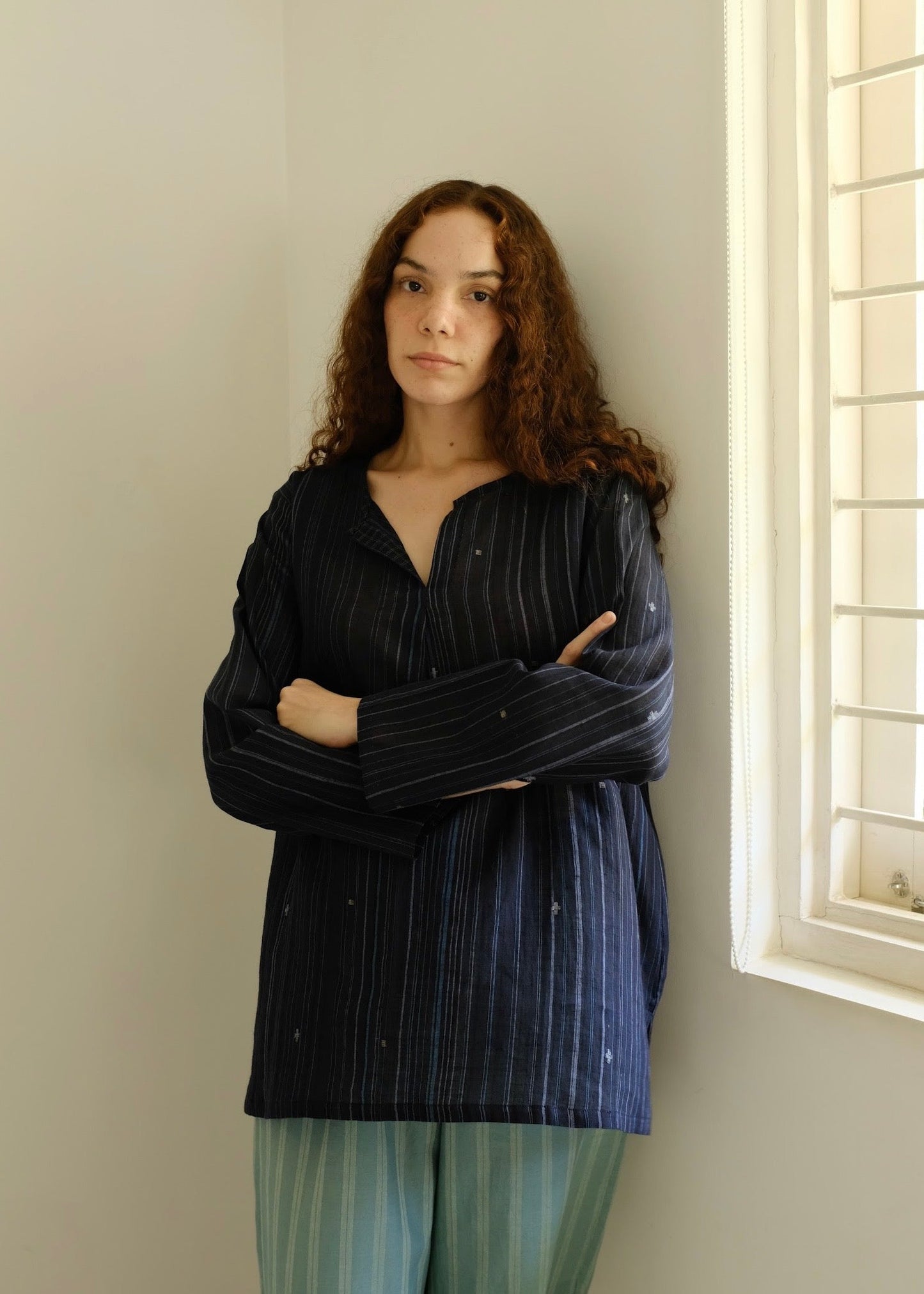 Maya | Relaxed Midnight Jamdani Cotton Top