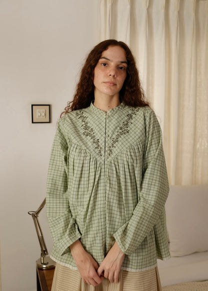 Liora | Straight Smoke Green Checks Cotton Top