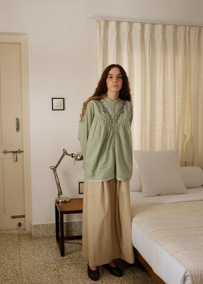 Liora | Straight Smoke Green Checks Cotton Top