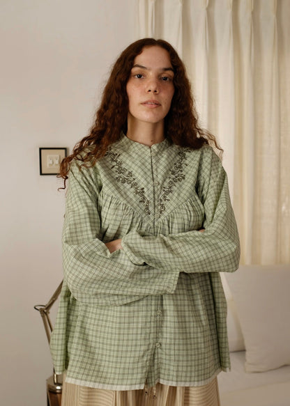 Liora | Straight Smoke Green Checks Cotton Top