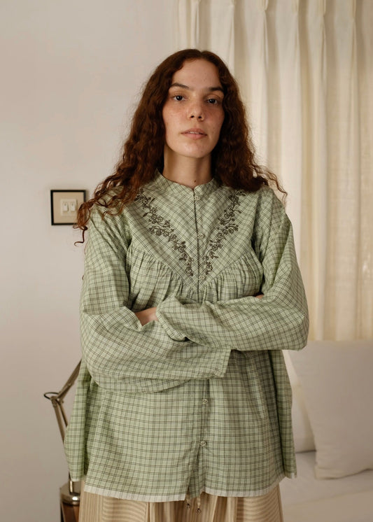 Liora | Straight Smoke Green Checks Cotton Top