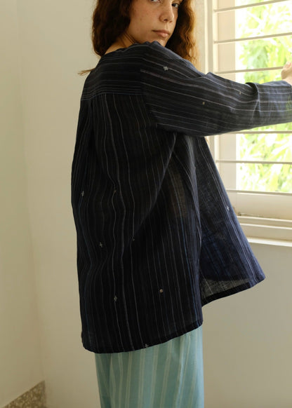 Maya | Relaxed Midnight Jamdani Cotton Top