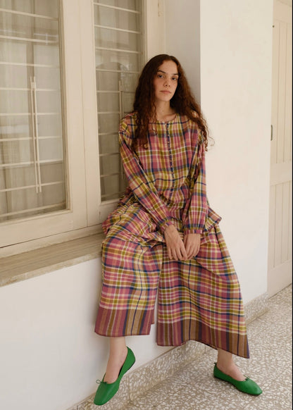 Araya | Pleated Red Checks Cotton Skirt