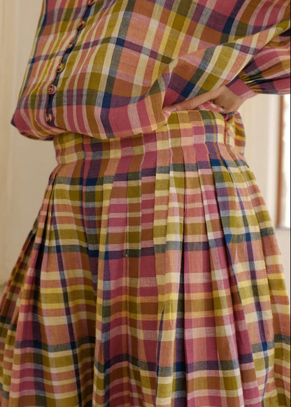 Araya | Pleated Red Checks Cotton Skirt