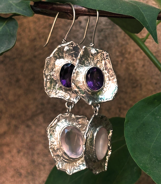 Twilight Bloom | Dual-Stone Sculpted Silver Earrings