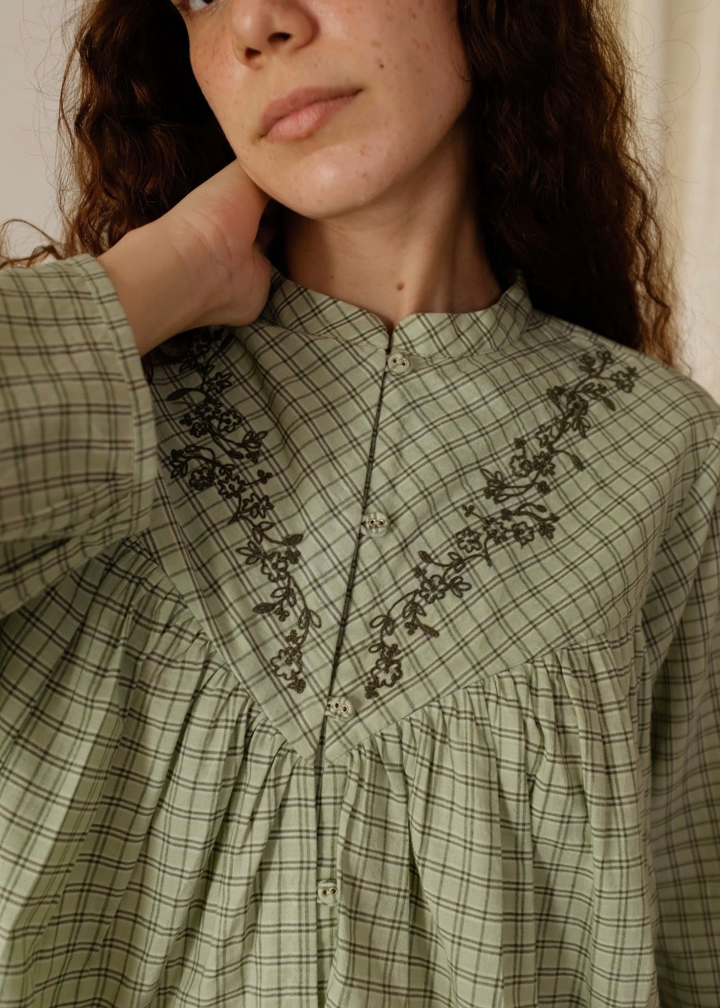 Liora | Straight Smoke Green Checks Cotton Top