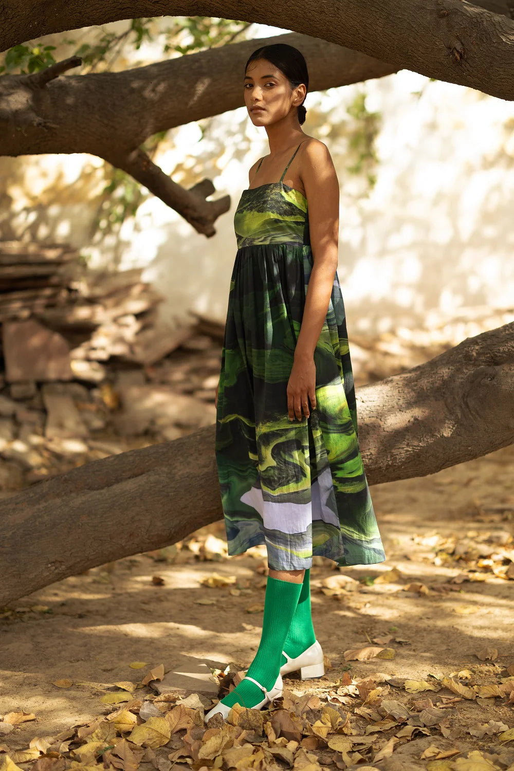 Ella | Printed Fit and Flare Green Dress