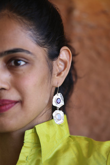 Twilight Bloom | Dual-Stone Sculpted Silver Earrings
