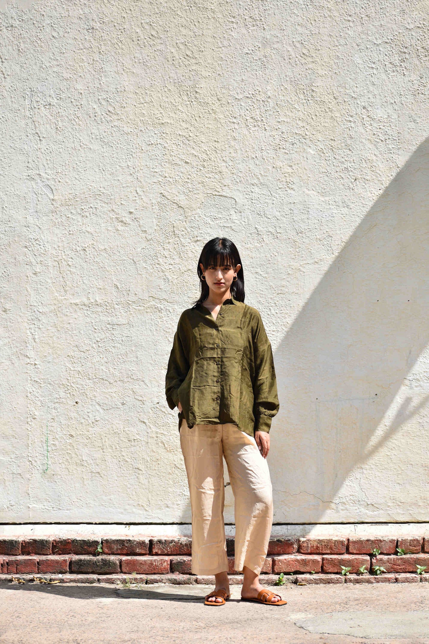 Olive | Silk Oversized Shirt