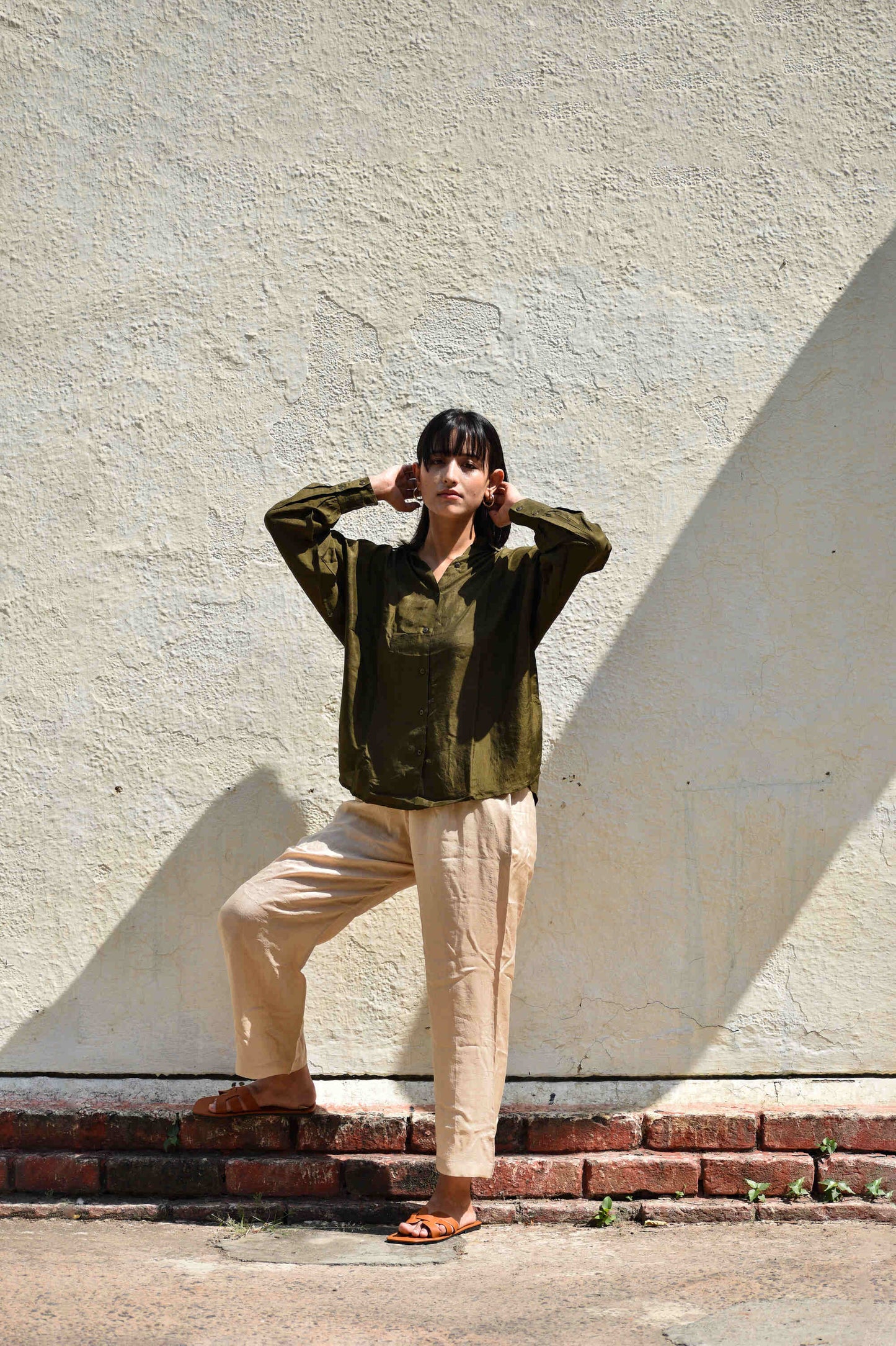 Olive | Silk Oversized Shirt