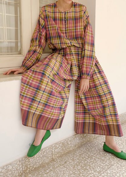 Araya | Pleated Red Checks Cotton Skirt