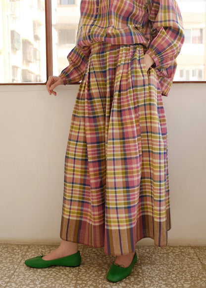 Araya | Pleated Red Checks Cotton Skirt