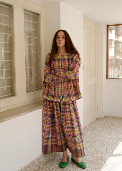 Araya | Pleated Red Checks Cotton Skirt