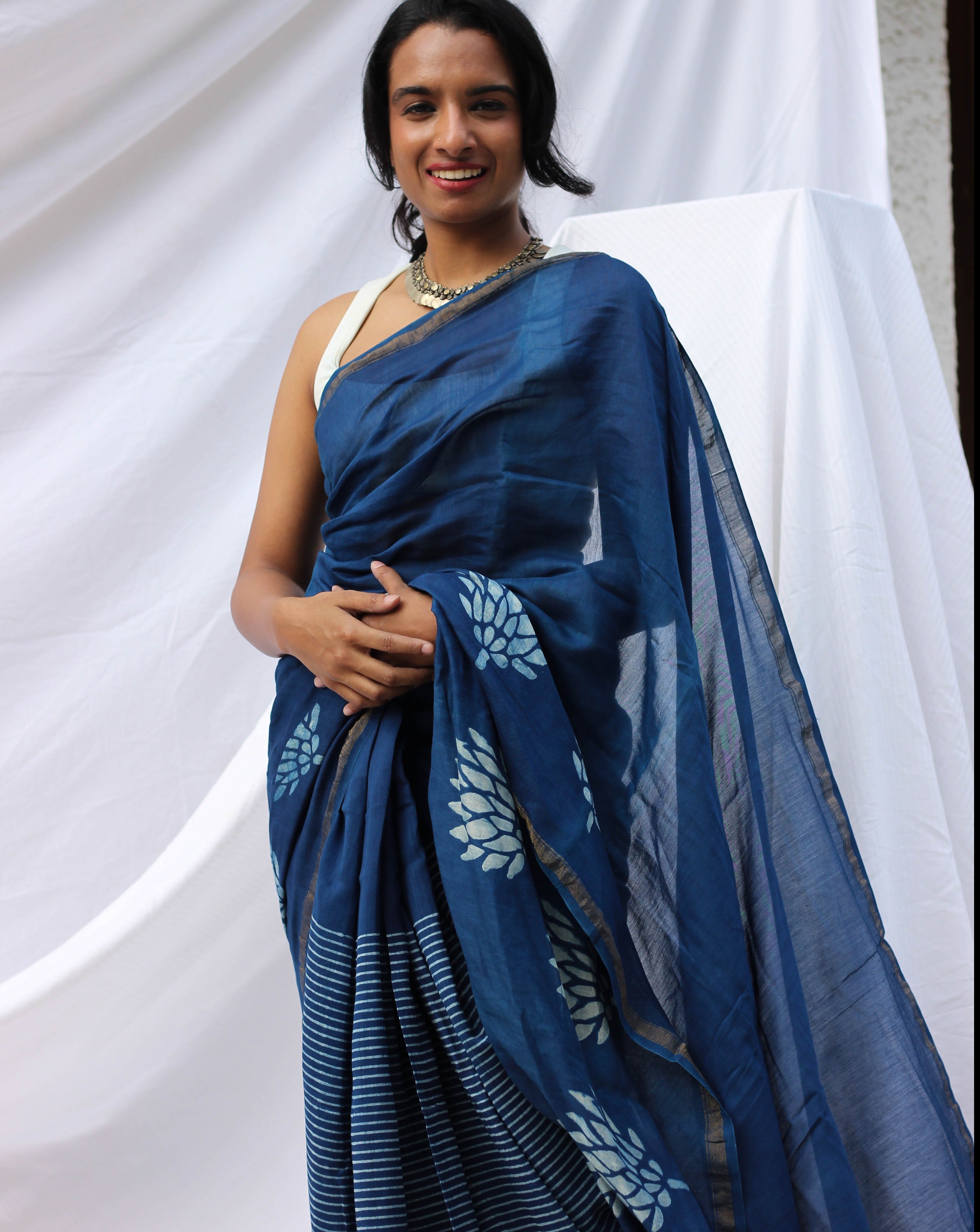 Annu | Indigo Chanderi Handblock Saree